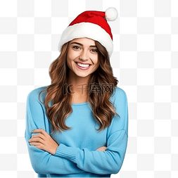 戴着圣诞帽的快乐女孩站在蓝色上