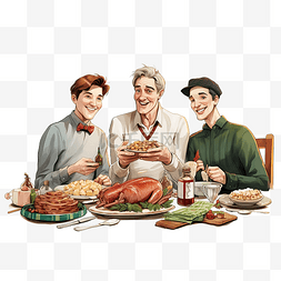三人聚会图片_幸福的家庭男人在家一起享用圣诞