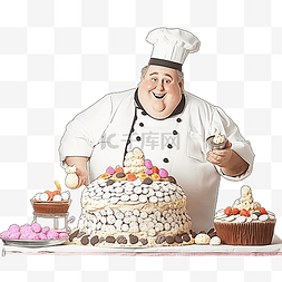 有趣的胖厨师糖果师站在他的厨房