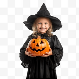 滑稽的孩子穿着女巫服装拿着南瓜
