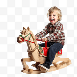 男孩骑在圣诞树附近的木制摇马上