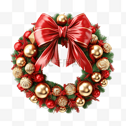 礼品装饰红丝带图片_圣诞花环，红丝带和金色装饰隔离