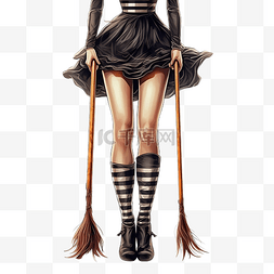 穿着条纹丝袜拿着扫帚的女巫的腿