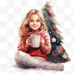 坐在圣诞树旁，拿着杯子的美丽微