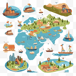 地理卡通图片_地理剪贴画卡通世界地图符号集 