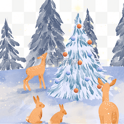 冬季下雪插画图片_白色雪花松树麋鹿