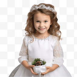 戴花环的小女孩图片_圣诞树附近穿着白色连衣裙戴着漂