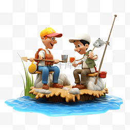 两个男人在河边钓鱼 3D 人物插画
