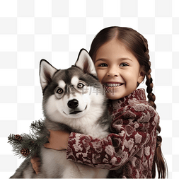 小女孩在圣诞树旁拥抱一只哈士奇