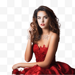 微笑的女孩坐著图片_穿着红色裙子的美丽黑发女孩坐在
