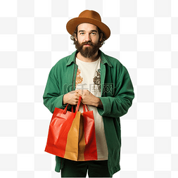 圣诞节购物袋图片_戴着圣诞帽和复古衬衫绿色购物袋