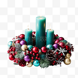 放着花图片_圣诞花环，桌上放着彩色大蜡烛，