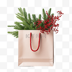 珠红图片_圣诞购物纸袋，配有红珠装饰的杉