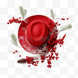 圣诞装饰雪花图片_圣诞红帽子和白冷杉树枝和雪花