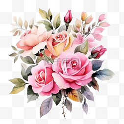 粉色背景春天图片_水彩玫瑰花束