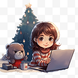 小女孩拿着笔记本电脑躺在圣诞树