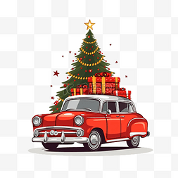 复古蓝色的汽车图片_红色复古车载着一棵圣诞树，车顶