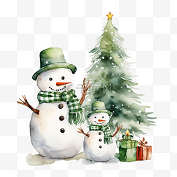 可愛的雪人手繪水彩畫和聖誕樹