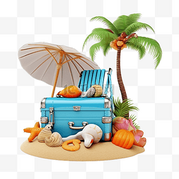 等距商业图片_夏季旅行与手提箱沙堡岛伞椰子棕