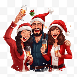 戴着圣诞帽的快乐人们用香槟庆祝