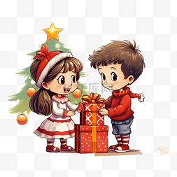 闲置交换图片_圣诞树旁的男孩和女孩交换礼物