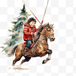 拜年男娃娃图片_小男孩在圣诞树附近骑着马荡秋千