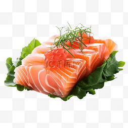 米肉图片_托罗三文鱼生鱼片配绿色紫苏和芥