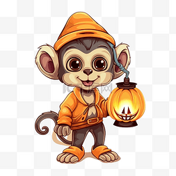 南瓜头插画图片_可爱万圣节提着灯笼的南瓜头猴子