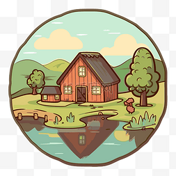 贴条图片_一座乡村小房子和一条河的卡通插