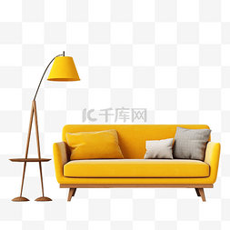 沙发地灯图片_中世纪黄色沙发，配有枕头地毯和