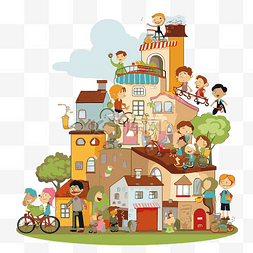 社区剪贴画卡通儿童与房屋和建筑