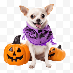 戴头巾的狗图片_一只戴着紫色头巾带着南瓜的白色