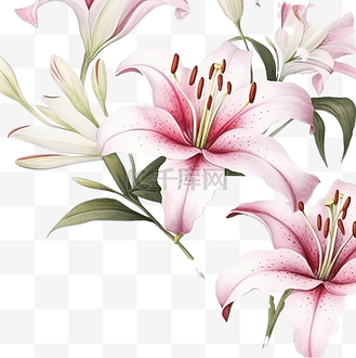 百合背景图片素材_白色背景水彩花卉插图上的无缝花和芽白色粉红色