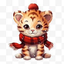 圣诞小老虎图片_戴着红领巾的可爱小老虎圣诞插画