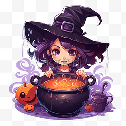 可爱的女巫在大锅里酿造药水万圣