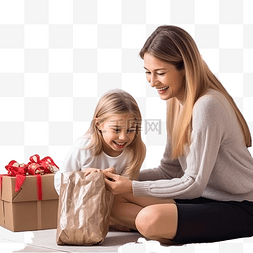圣诞袜里的礼物图片_年轻母亲把圣诞礼物放在挂在壁炉
