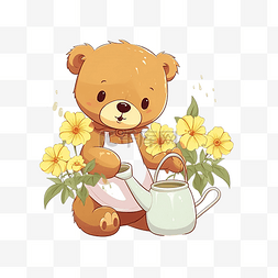 泰迪熊浇花平面风格卡通插画