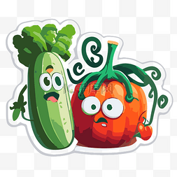 南瓜剪贴画图片_两个蔬菜角色的贴纸，带有黄瓜和