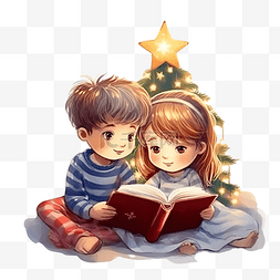 儿童男孩和女孩在圣诞树附近的床
