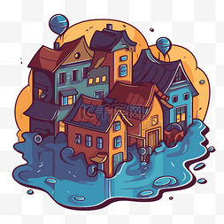 被水包围的房屋城市的卡通类型插