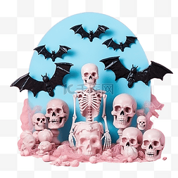 粉色蓝色柔和的假骷髅和蝙蝠