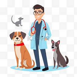 兽医剪贴画医生正与猫和狗卡通站