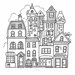 房屋填色图片_卡通风格的城市着色页与建筑物和