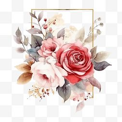 方形礼物图片_水彩美丽的英国玫瑰花束花园与金