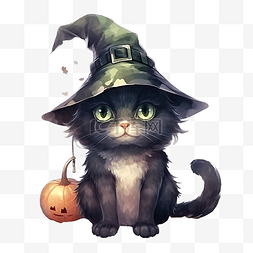 女巫猫图片_万圣节可爱的人物女巫猫水彩插图
