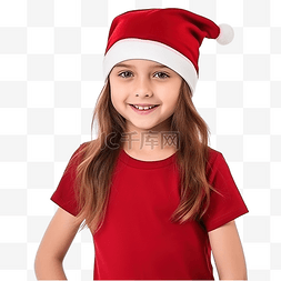 穿着t恤的人图片_穿着红色T恤和圣诞帽的漂亮小女