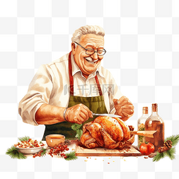 快乐的祖父在圣诞晚餐期间切鸡