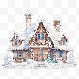 卡通房子黑白图片_童话般的装饰木屋覆盖着白雪