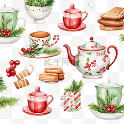 冬天的浆果图片_水彩无缝圣诞图案，配有餐具茶壶