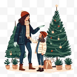 孩子在商店图片_母亲和女儿在市场上选择一棵圣诞
